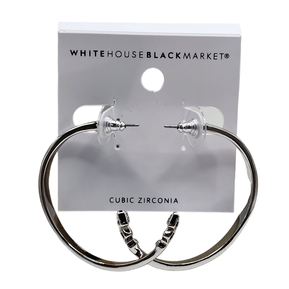 White House Black Market Silver Station Hoop with Gem Earrings